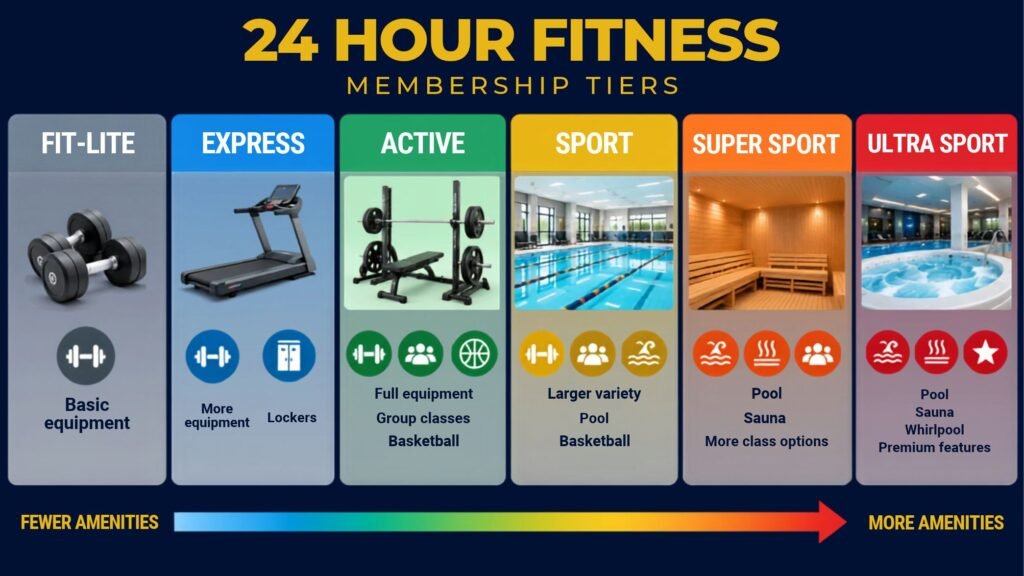 24 Hour Fitness membership tiers from Fit-Lite to Ultra Sport, showing the progression from fewer amenities to more amenities
