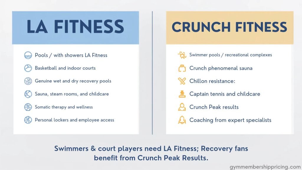 Amenities comparison graphic between LA Fitness and Crunch Fitness