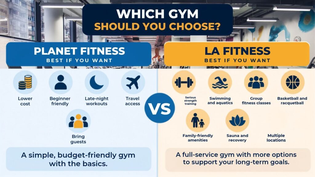 Comparison chart contrasting Planet Fitness (best for budget, beginners, and late hours) with LA Fitness (best for strength, swimming, classes, and families)