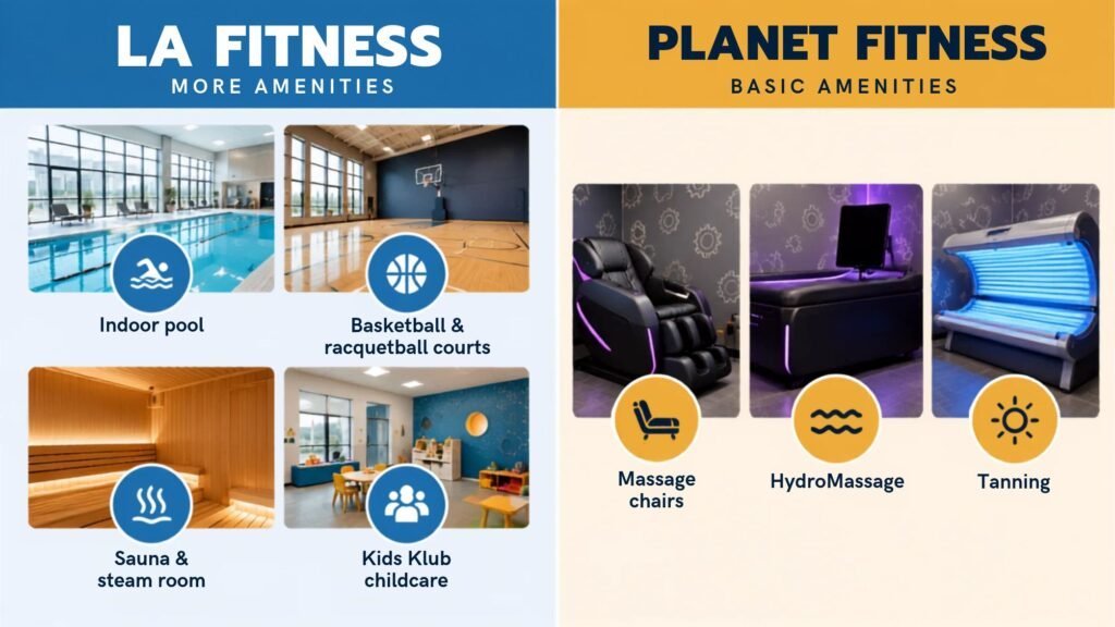 LA Fitness and Planet Fitness amenity comparison showing pools, courts, sauna, and childcare at LA Fitness, and massage chairs, HydroMassage, and tanning at Planet Fitness