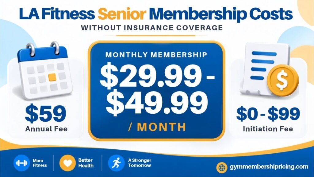 LA Fitness senior membership cost without insurance coverage, including $29.99–$49.99 monthly dues, $59 annual fee, and $0–$99 initiation fee