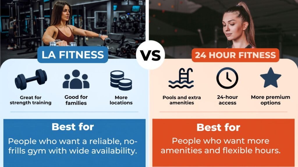 LA Fitness vs 24 Hour Fitness comparison showing which gym may be better for strength training, families, locations, pools, flexible hours, and additional amenities