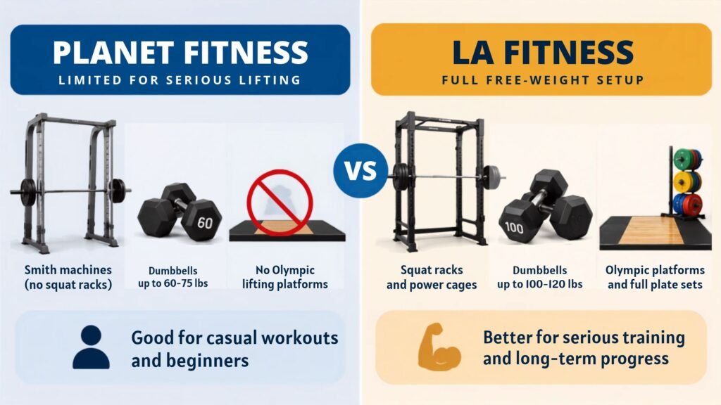 Planet Fitness vs LA Fitness equipment comparison showing Smith machines and lighter dumbbells and more
