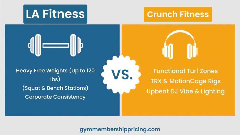Visual comparison infographic of equipment and workout atmosphere between LA Fitness and Crunch Fitness