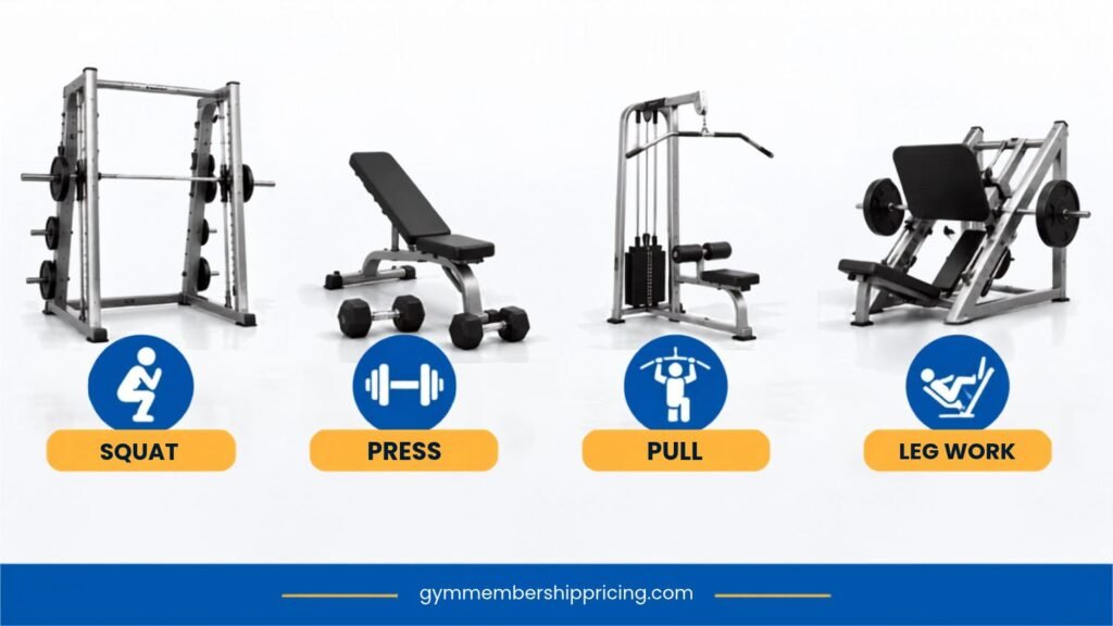 Gym infographic showing squat, press, and pull exercises using common resistance-training equipment