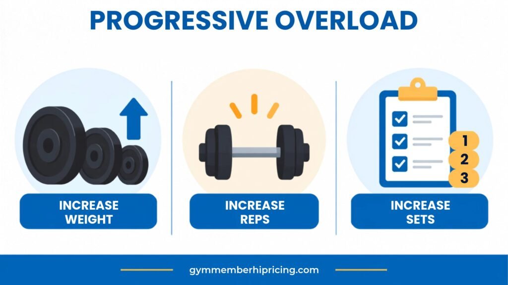 Infographic showing progressive overload through increasing weight, reps, and sets