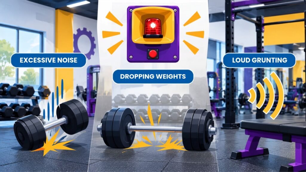 Planet Fitness Lunk Alarm triggers for dropping weights, excessive noise, and loud grunting
