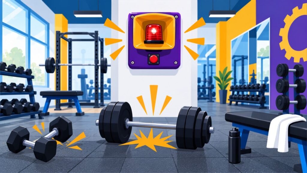 Planet Fitness gym with a wall-mounted lunk alarm and strength training equipment