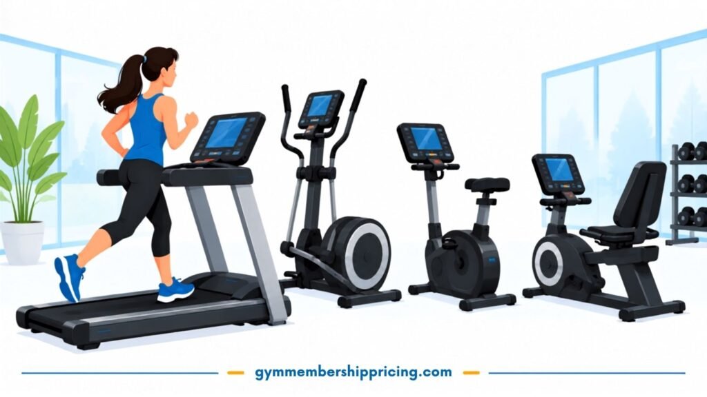 Cardio equipment available at LA Fitness, including treadmills, ellipticals, stationary bikes, and rowing machines