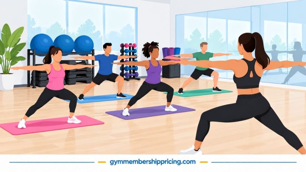 Group fitness class at LA Fitness with members following an instructor through a studio workout