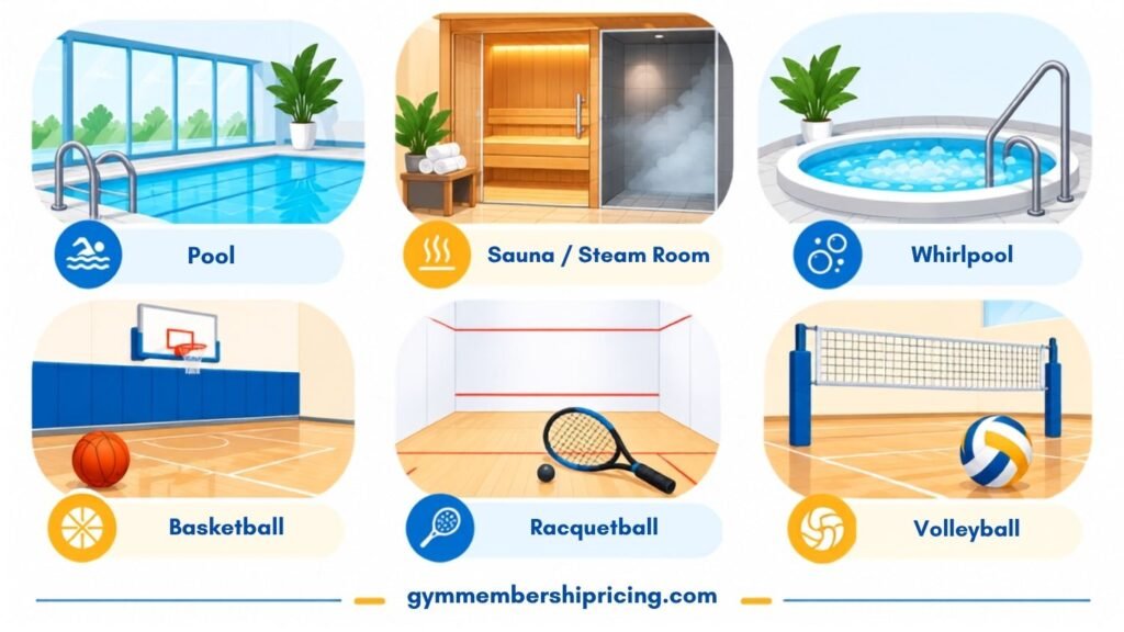 LA Fitness amenities that vary by location, including a pool, sauna, whirlpool, basketball, racquetball, and volleyball courts