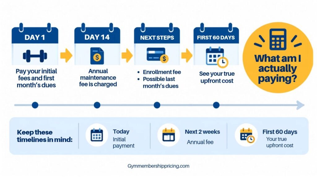 LA Fitness annual fee and first 60 days of membership costs, showing when the annual fee and other upfront charges may be billed