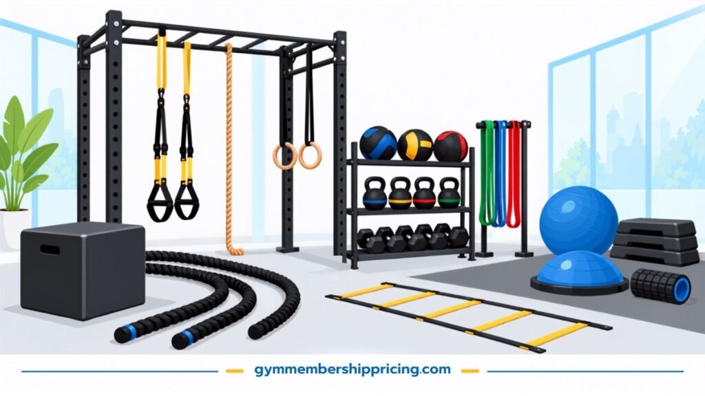 LA Fitness functional training area with suspension trainers, kettlebells, battle ropes, resistance bands, medicine balls, and agility equipment