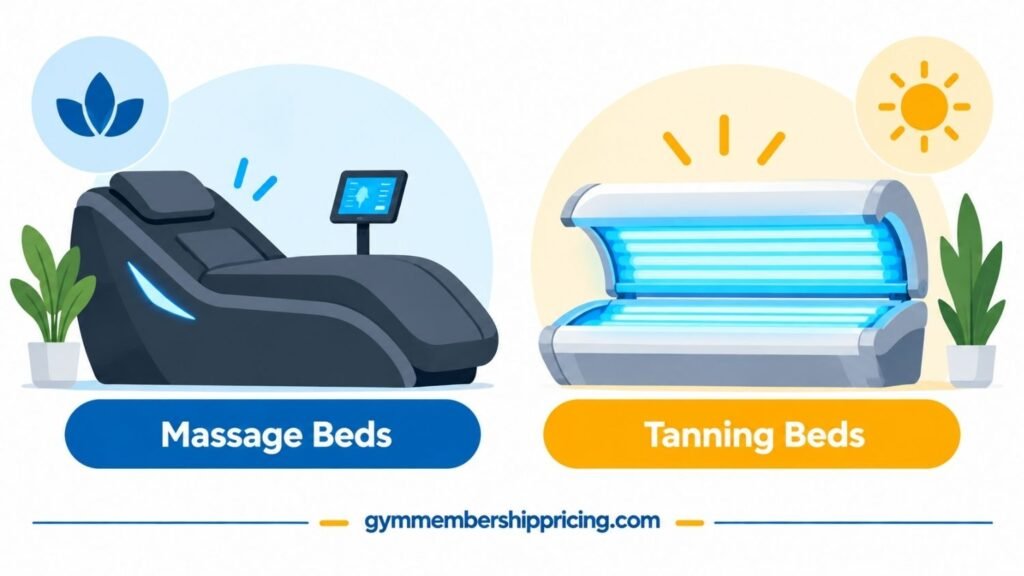 LA Fitness massage and tanning bed amenities, showing HydroMassage on one side and a tanning bed on the other