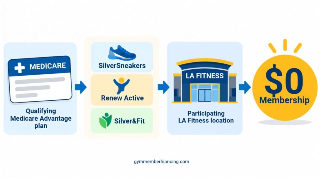 LA Fitness membership deals through Medicare Advantage plans, showing SilverSneakers, Renew Active, and Silver&Fit leading to a $0 membership at participating locations