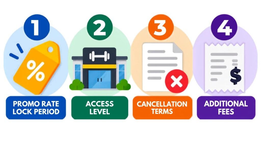 LA Fitness membership discounts checklist showing four things to confirm before signing: promo rate lock period, access level, cancellation terms, and additional fees
