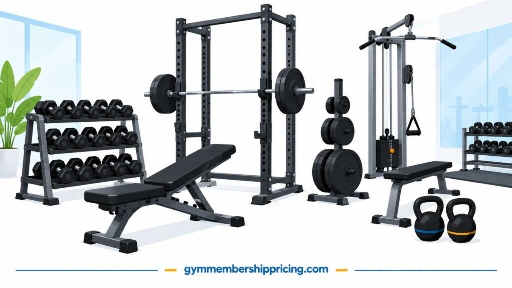 LA Fitness weight training area with dumbbells, barbells, benches, cable equipment, and kettlebells