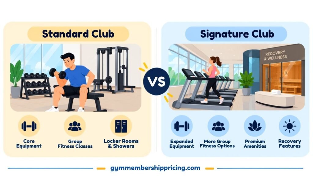 Standard and Signature LA Fitness clubs compared by equipment, group fitness, locker rooms, and premium amenities